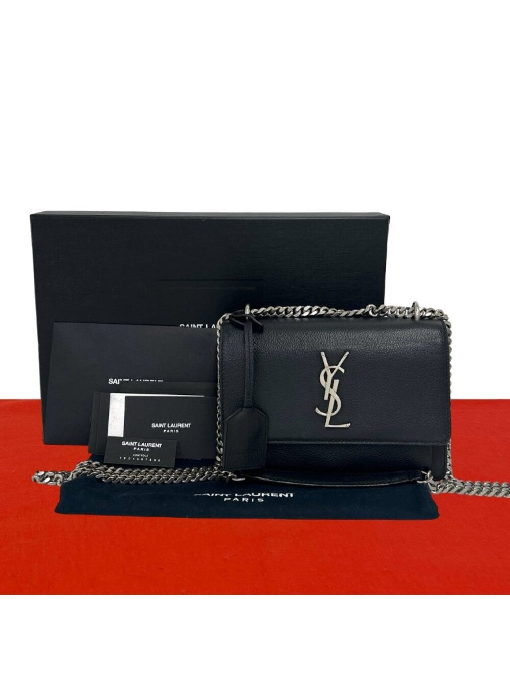 Saint Laurent Paris Sunset YSL Logo Leather 2-Way Shoulder Bag Pochette Black